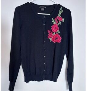 Esperanza Black Floral Embroidered Button Front Cardigan Sweater Womens Medium